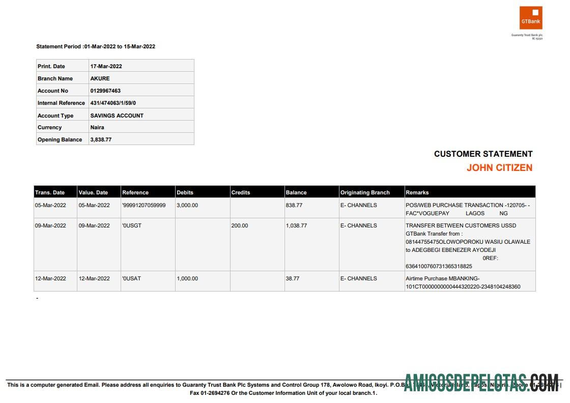 Extrato de conta poupança do Nigeria Guaranty Trust Bank (GTBank) modelo Word e PDF para download